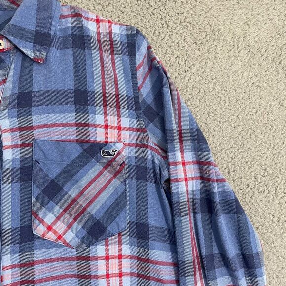 Vineyard Vines Shirt Women 4 Blue Plaid Relaxed Button Front Flannel - Picture 3 of 10